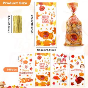 100 Pack Thanksgiving Treat Bags, Fall Treat Bags, Thanksgiving Candy Bags Plastic Cellophane Goodie Bags Autumn Pumpkin Maple Leaves Cookie Gift Bags with Twist Thanksgiving Day Party Favors Supplies