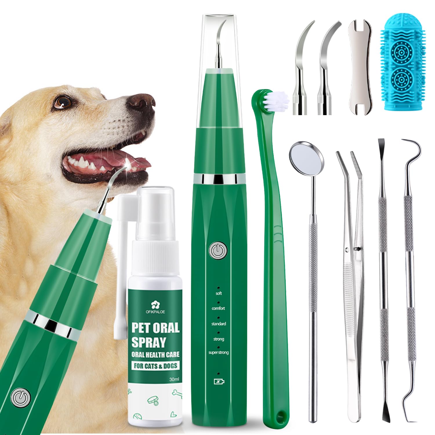 ofikpaloe Dog Teeth Cleaning Kit with Pet Oral Spray, Dog Dental Care-Plaque Remover for Teeth, Cleans and Relieves Tooth Sensitivity, Universal for Dogs & Cats, Dark Green