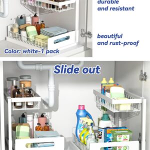 Merrylun Under Sink Organizers, 2 Pack Metal Pull Out Under Sink Organizers and Storage Shelves with Sliding Drawer, Under Sink Storage for Kitchen, Bathroom, White, 2 Pack…