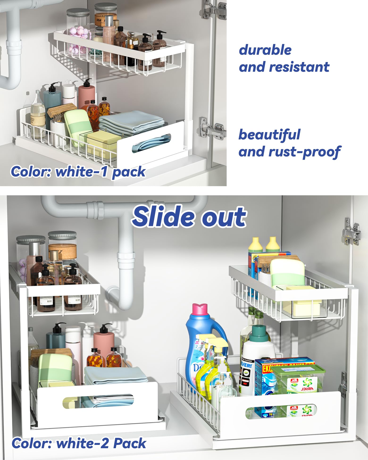 Merrylun Under Sink Organizers, 2 Pack Metal Pull Out Under Sink Organizers and Storage Shelves with Sliding Drawer, Under Sink Storage for Kitchen, Bathroom, White, 2 Pack…