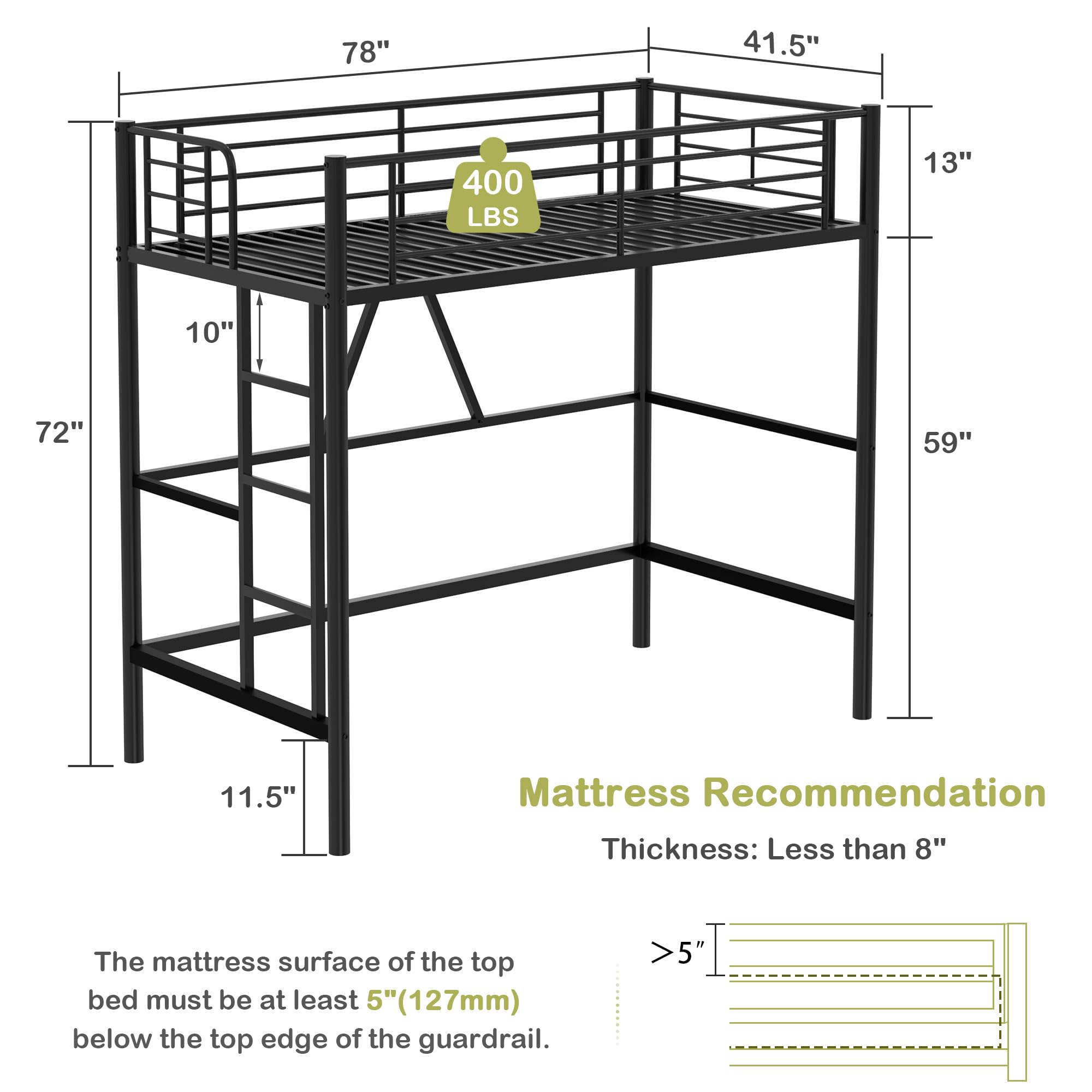 VECELO Loft Bed Twin Size, Metal Bedframe with Removable Ladder and Safety Guardrail, No Box Spring Needed, Space Saving, Noise Free, Black