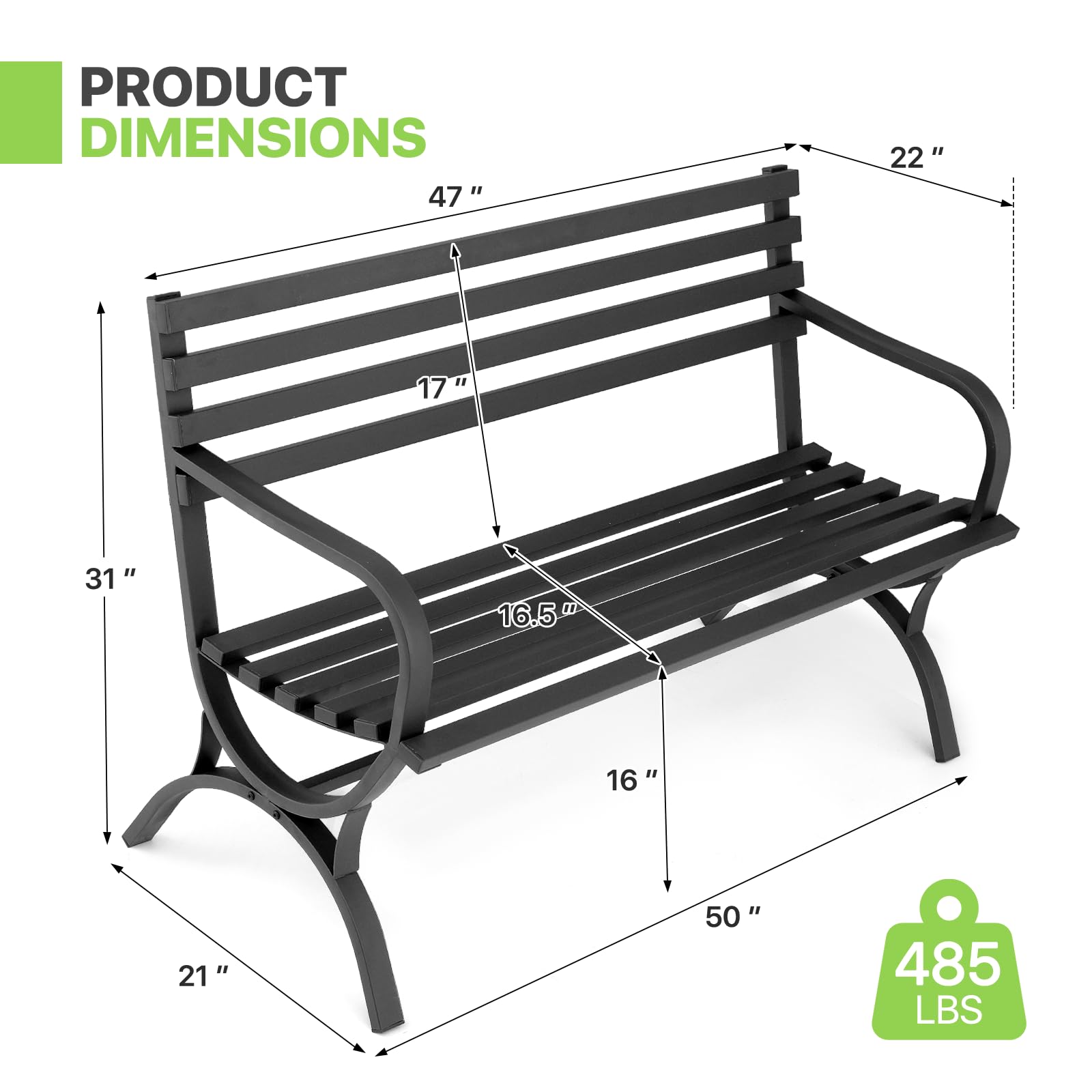 Magshion Metal Garden Bench for Outdoors, 2-Person Slatted Garden Bench with Armrest and Backrest, 485 lbs Capacity, Black