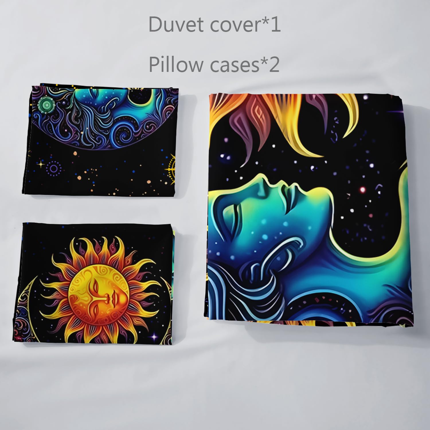 AILONEN Sun and Moon Duvet Cover Set Queen Size, Space Galaxy Boho Exotic Mandala Sun and Moon Comforter Cover Set 3 Pieces,1 Duvet Cover with 2 Pillowcases