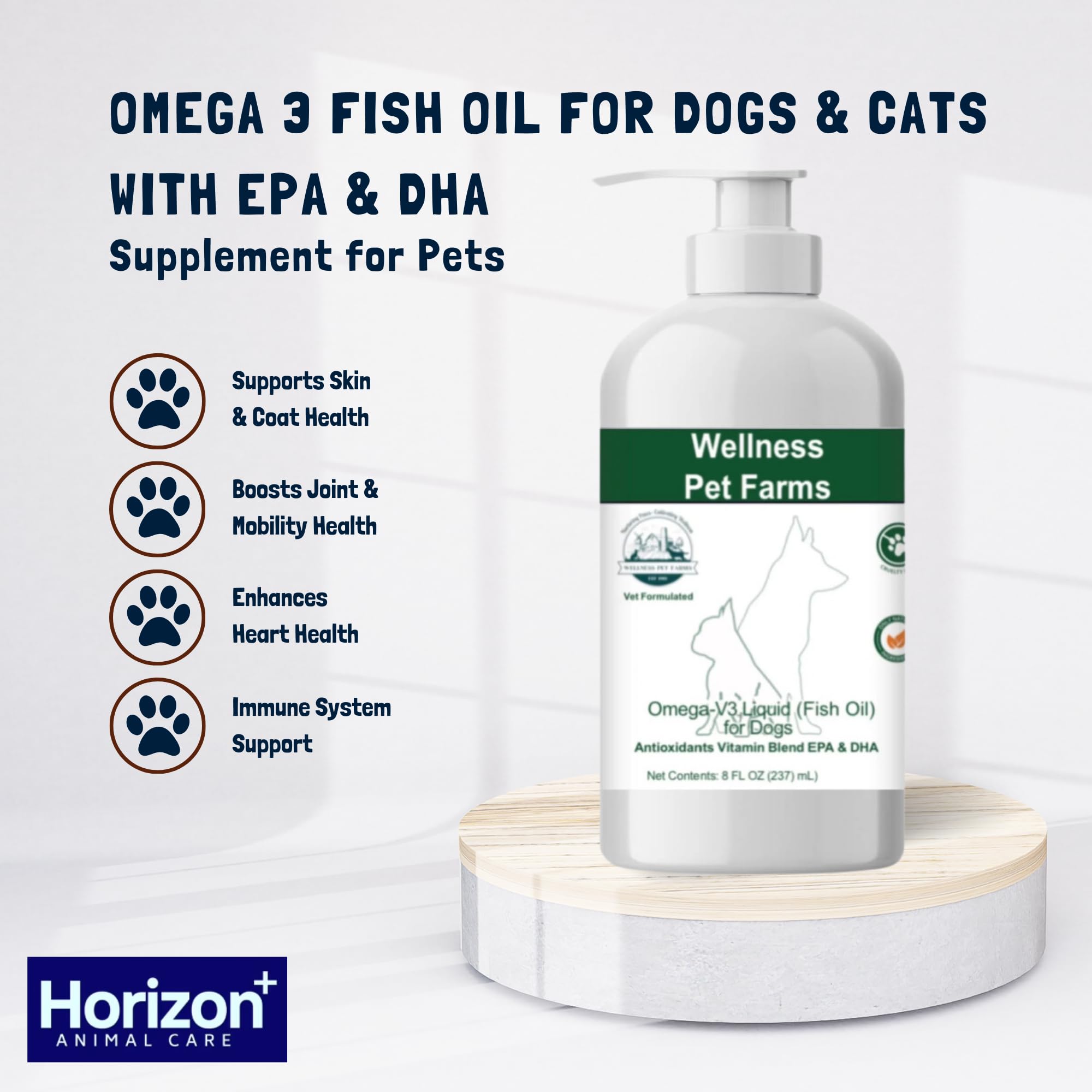 Horizon Animal Care Omega V3 Fish Oil for Dogs & Cats - Liquid Supplement with EPA DHA Essential, Omega-3 Blend Promoting Skin, Coat, and Joint Health Natural Pets - 8 oz Bottle