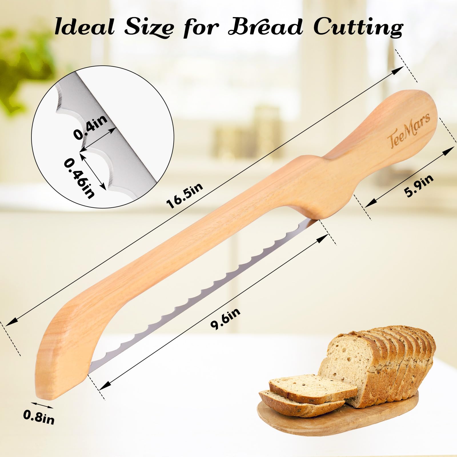 TeeMars Bread Slicer Knife for Homemade Bread, 16.5" Premium Oakwood Serrated Bread Knife with Bow Design, Ergonomics Handle, Solid & Easy to Cut, Stainless Steel, Replacement Blades, Rubber Cover