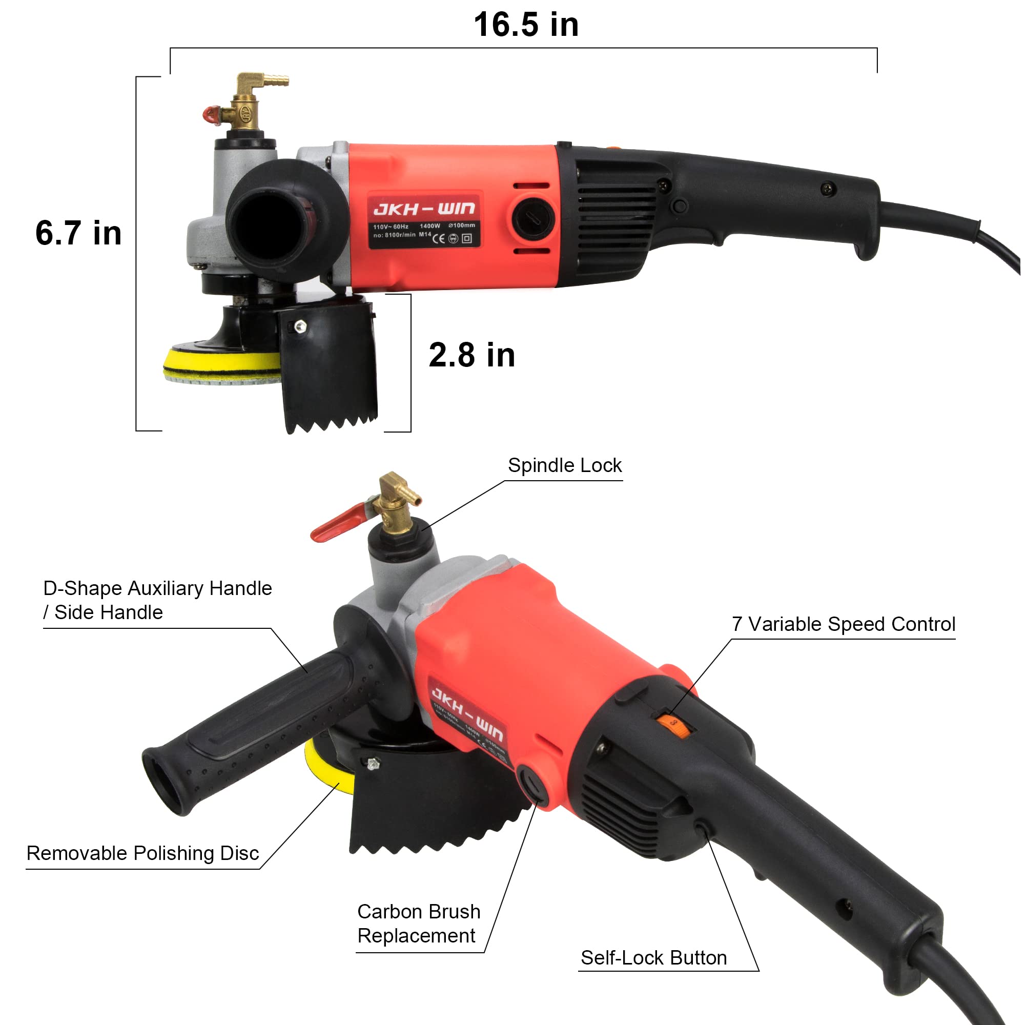 Wet Polisher,1400W/110V Variable Speed 4'' Grinder Machine, Granite Diamond Polisher With Pads Concrete Polisher Stone Polisher Kit for Tile,Marble,Granite,Concrete,Stones