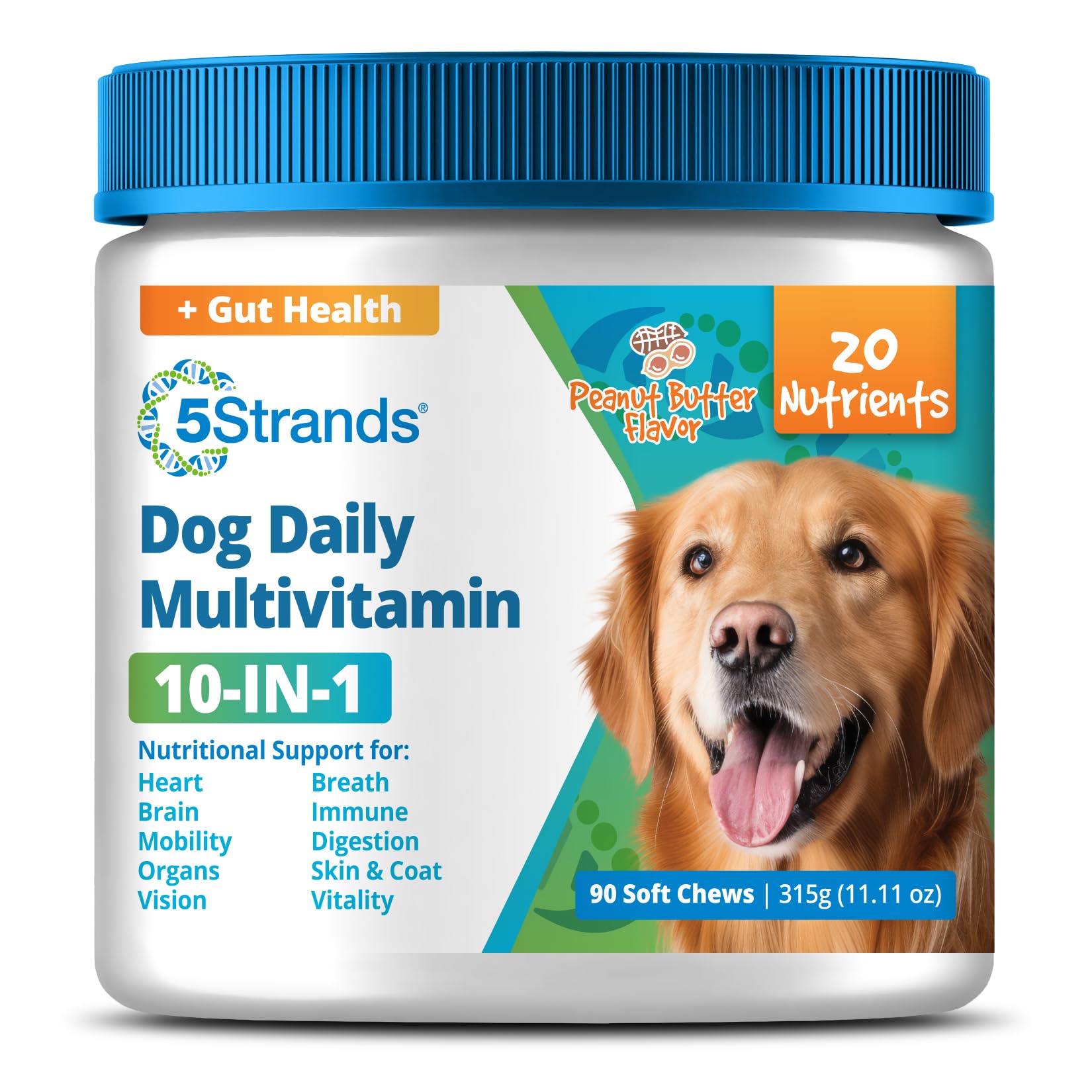 5Strands Dog Multivitamin Chews, 10-in-1, Vitamins & Postbiotics, All Ages & Breeds - Digestion, Brain, Organs, Heart, Mobility, Vision, Skin & Coat, Immunity - Dog Supplement (Peanut Butter, 90ct)