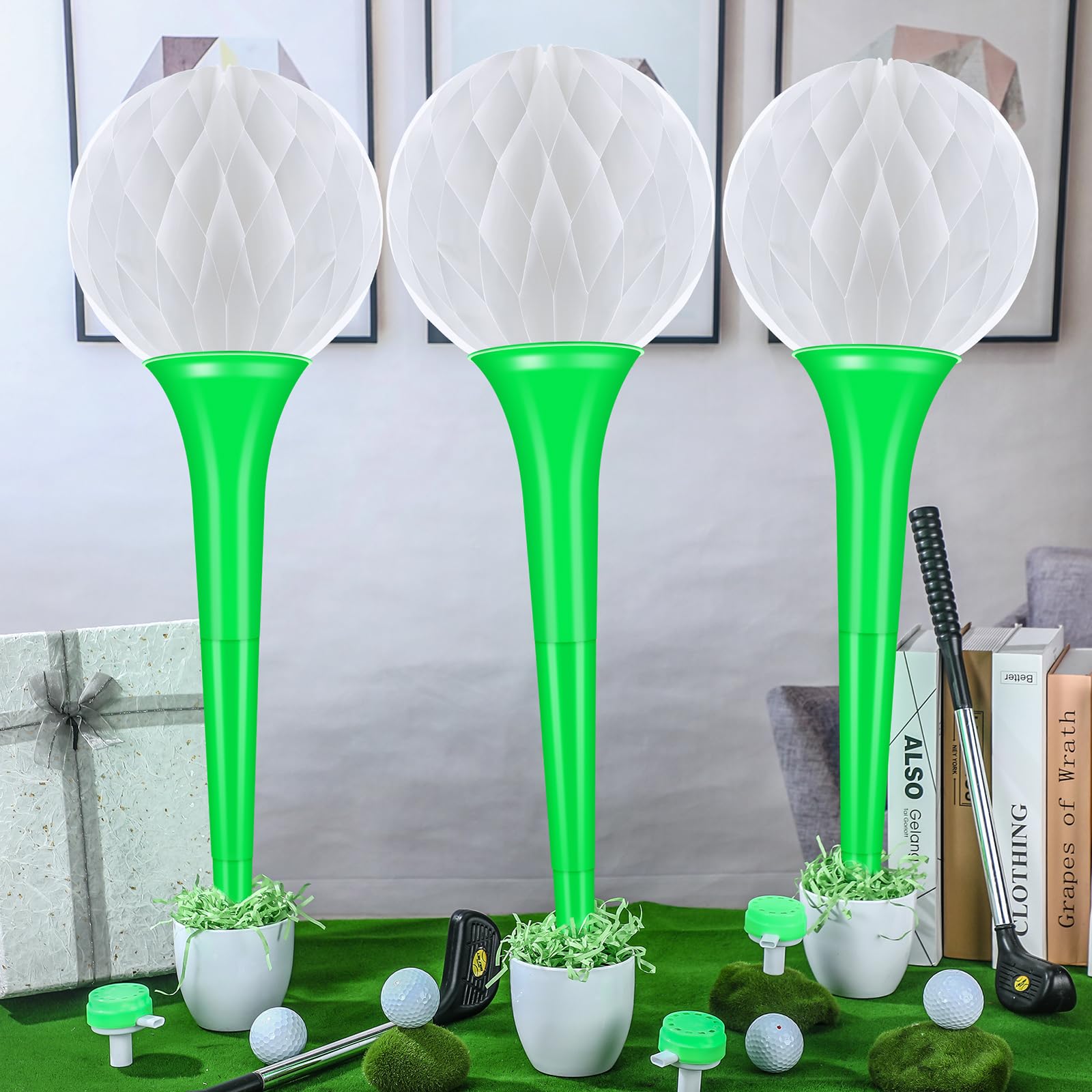 Blueweenly 8 Set Golf Table Centerpieces Golf Decorations for Party Include 8 Pcs 10 Inch Paper Honeycomb Balls and 8 Pcs Vuvuzela Plastic Trumpet DIY for Golf Bridal Shower End of Year Banquet