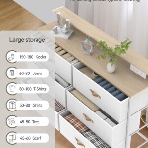 SANGMUCEN 47.2" W White Dresser for Bedroom with Charging Station and LED Lights, 6 Drawers Dresser with PU Finish, Wide Fabric Dressers for Closet, Bedroom, Hallway Entryway, Wood