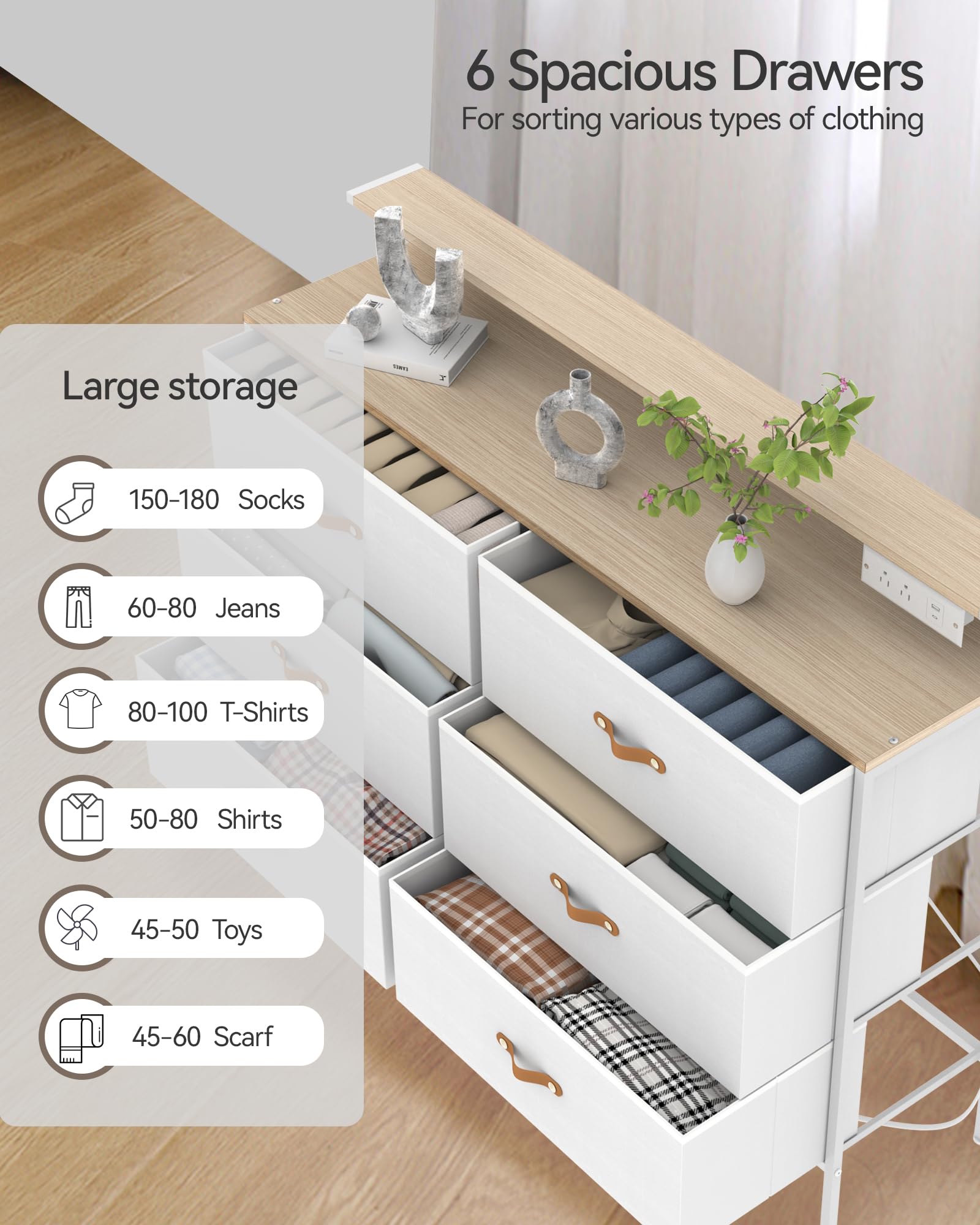 SANGMUCEN 47.2" W White Dresser for Bedroom with Charging Station and LED Lights, 6 Drawers Dresser with PU Finish, Wide Fabric Dressers for Closet, Bedroom, Hallway Entryway, Wood