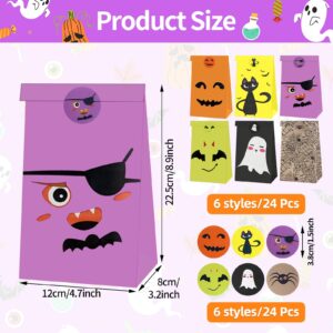 24 Pcs Halloween Treat Bags Set with Stickers, Assorted Paper Gift Candy Bags Including Ghosts, Cats, Pumpkins, and Spiders Designs for Trick-or-Treat, Goodie Bags, Party Favors, and Classroom Gifts