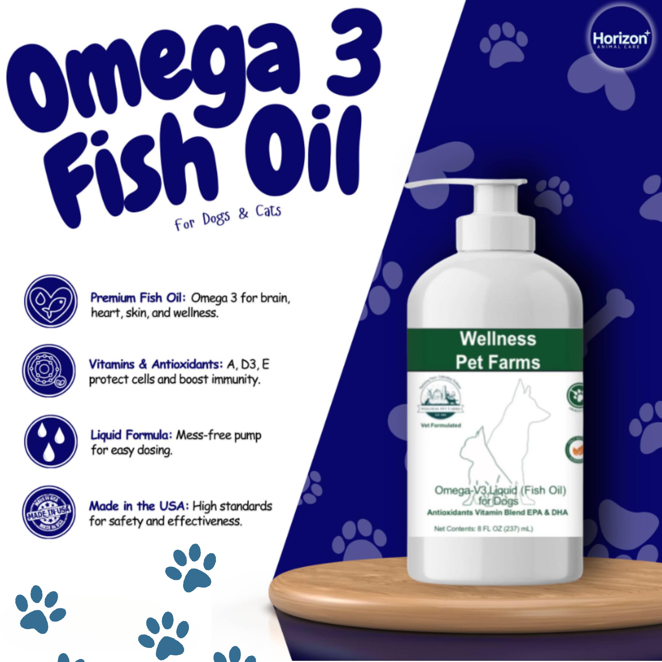 Horizon Animal Care Omega V3 Fish Oil for Dogs & Cats - Liquid Supplement with EPA DHA Essential, Omega-3 Blend Promoting Skin, Coat, and Joint Health Natural Pets - 8 oz Bottle