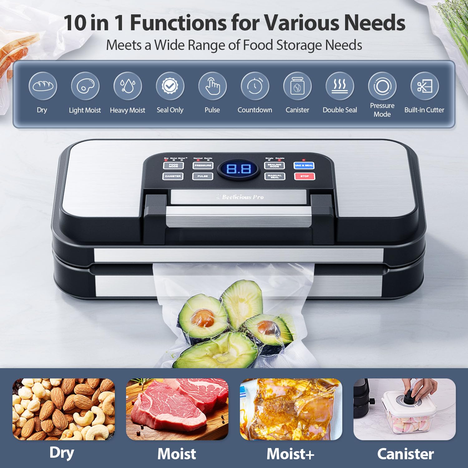 95Kpa Powerful Precision Pro Vacuum Sealer, with 10-in-1 Functions, Easy-Lock Handle, Double Heat Seal & Double Pump, Vacuum Sealer Machine for Food with Bags Storage, Built-in Cutter,Stainless Steel