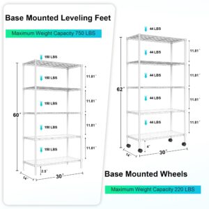 Dolonm 5 Tier Wire Shelving Unit, 750 LBS NSF Storage Shelf, 14"D x 30"W x 60"H, Kitchen Shelf with Liners, Garage Storage Shelves with Wheels, Heavy Duty Metal Pantry Racks, Adjustable Shelf, White