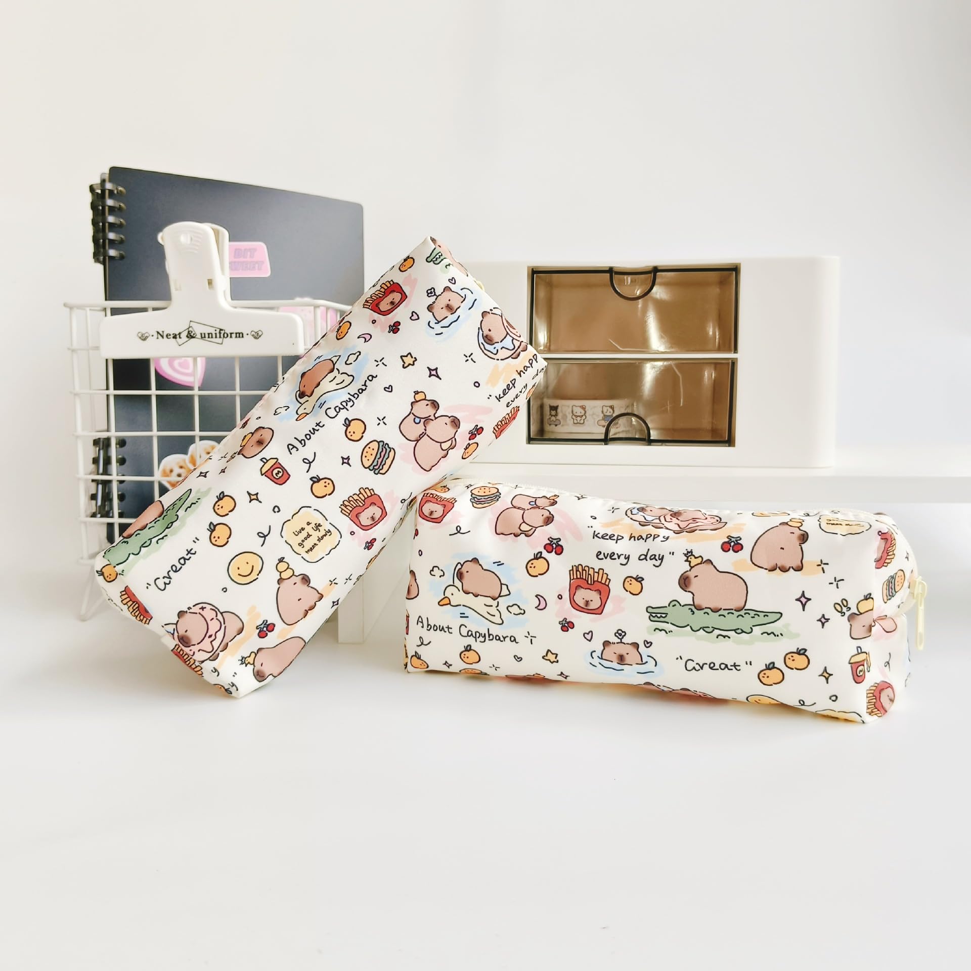 NAPIMICO Cute Small Pencil Pouch Kawaii Pencil Case Canvas Capybara Makeup Bag Aesthetic Stationery Organizer Pen Holder (Beige)