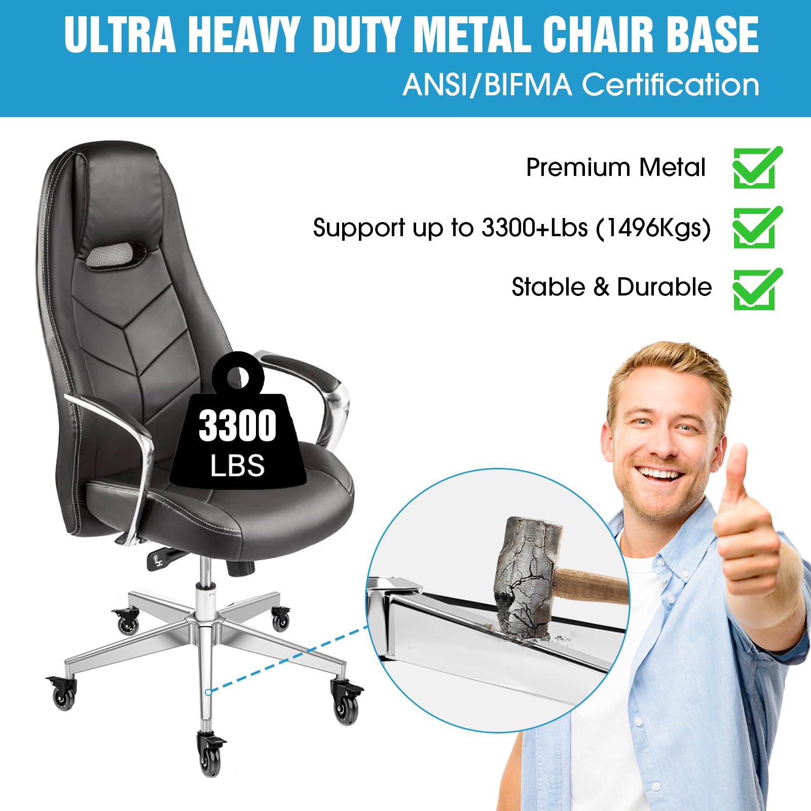 Loodmeo Heavy Duty Office Chair Base Replacement Kit, 3300lbs, 27" Split Removable Universal fit (Prismatic Chair Base Silver)