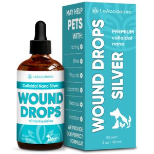 leacademic dog wound care in drops | cat wound care + chlorhexidine | wound care for dogs with colloidal silver | wounds, itching, irritation, scratches, bites | great with dog cone | 2 oz