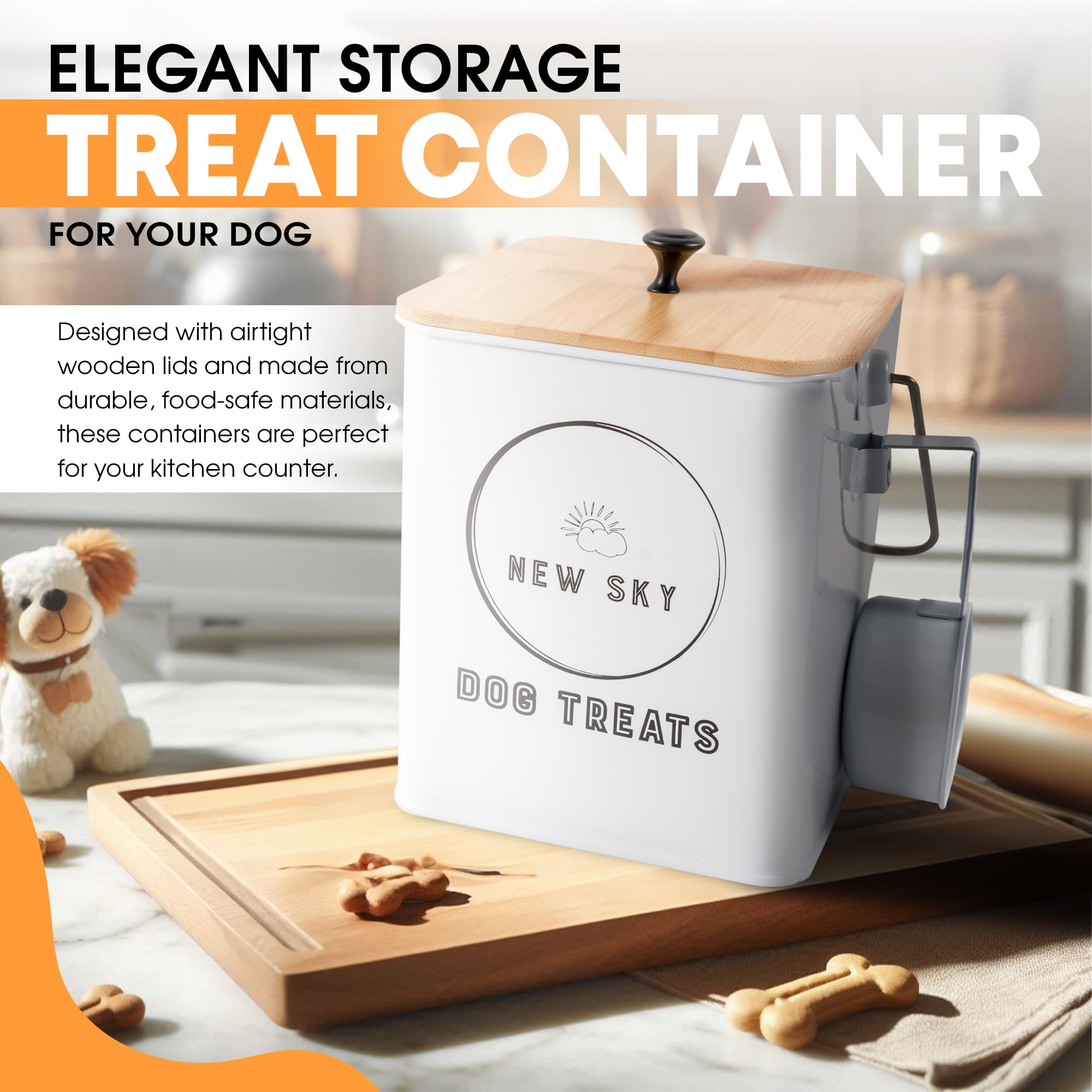 NewSky Dog Treat Container | Dog Treat Jar Set of 2 with Airtight Wooden Lid | Dog Treat Canister and Storage 7.8x6.2 & 7.3x5.5 | Dog Cookie Jar for kitchen Counter - Pet Treat Container – White