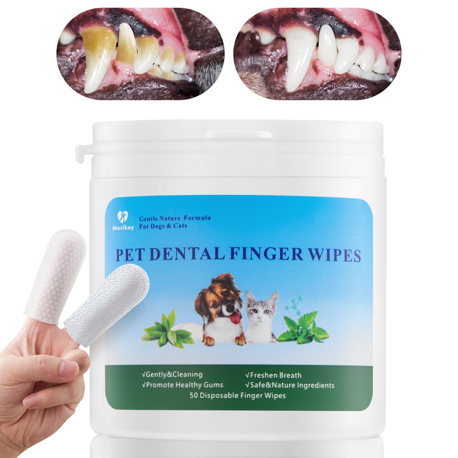 Morikey Dog Teeth Cleaning Wipes Nature Pet Dental Finger Wipes for Dogs Cats Remove Bad Breath,Reduce Plaque and Tartar Buildup Disposable Gentle Pet Dental Care-50Ct