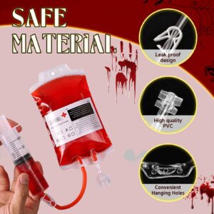 12 Pack Halloween Blood Bag Drink Containers, Reusable IV Blood Bags Pouches for Vampire Cosplay, Nurse, Medical, Horror Party Decorations, Doctor Nursing/RN Graduation, 12 Fl. Oz. Each + 2 Syringes