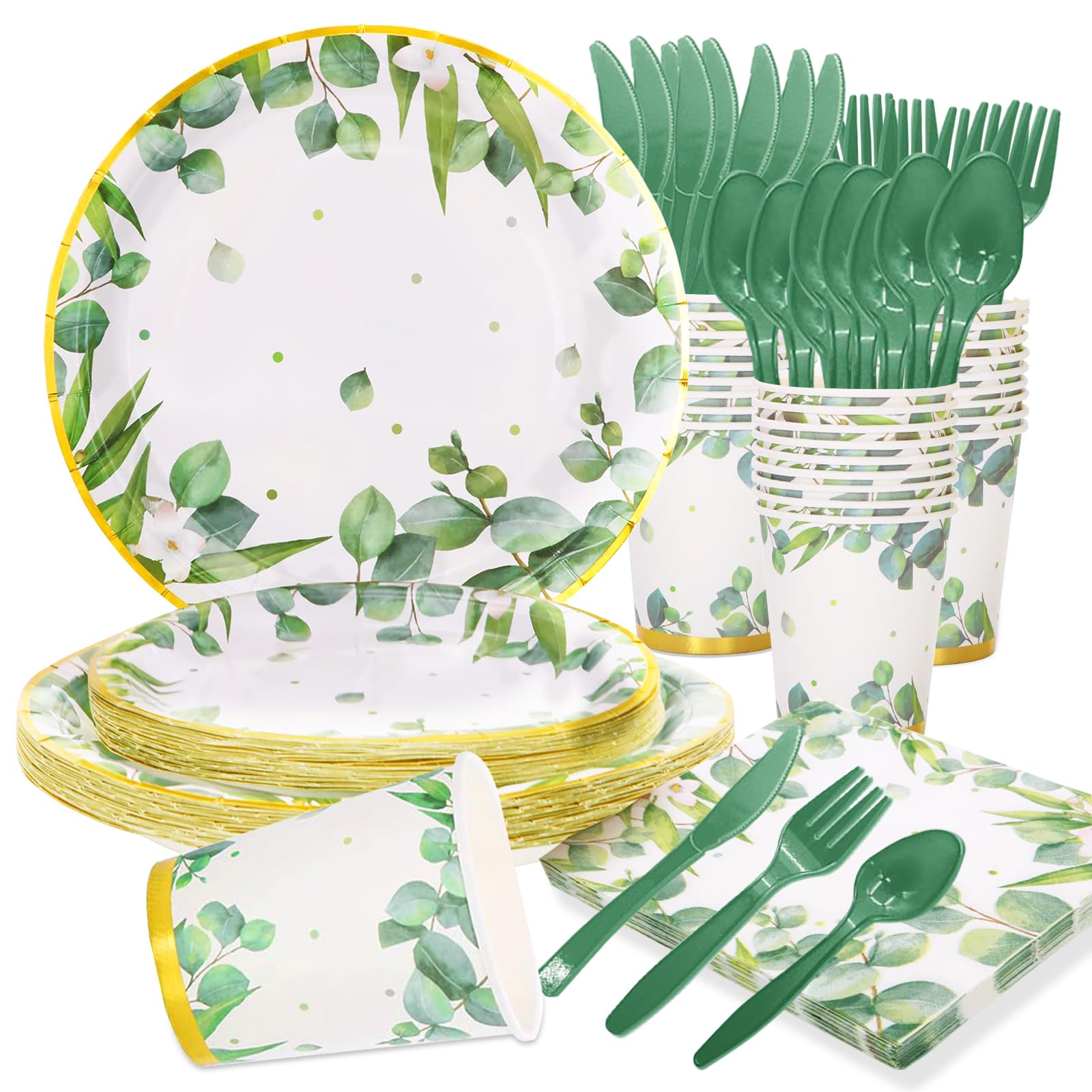 AWLZJZQA 168 Pcs Sage Green Plates and Napkins Party Supplies Serve 24 Eucalyptus Disposable Paper Garden Baby Shower Decorations Bridal Party Plates and Cups and Napkins Sets for Girl Boy Women