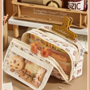 NAPIMICO Flip Top Pencil Case Cute Pencil Pouch with Kawaii Capybara Decors Makeup Bag Aesthetic Pen Holder Office Stationery (Brown)