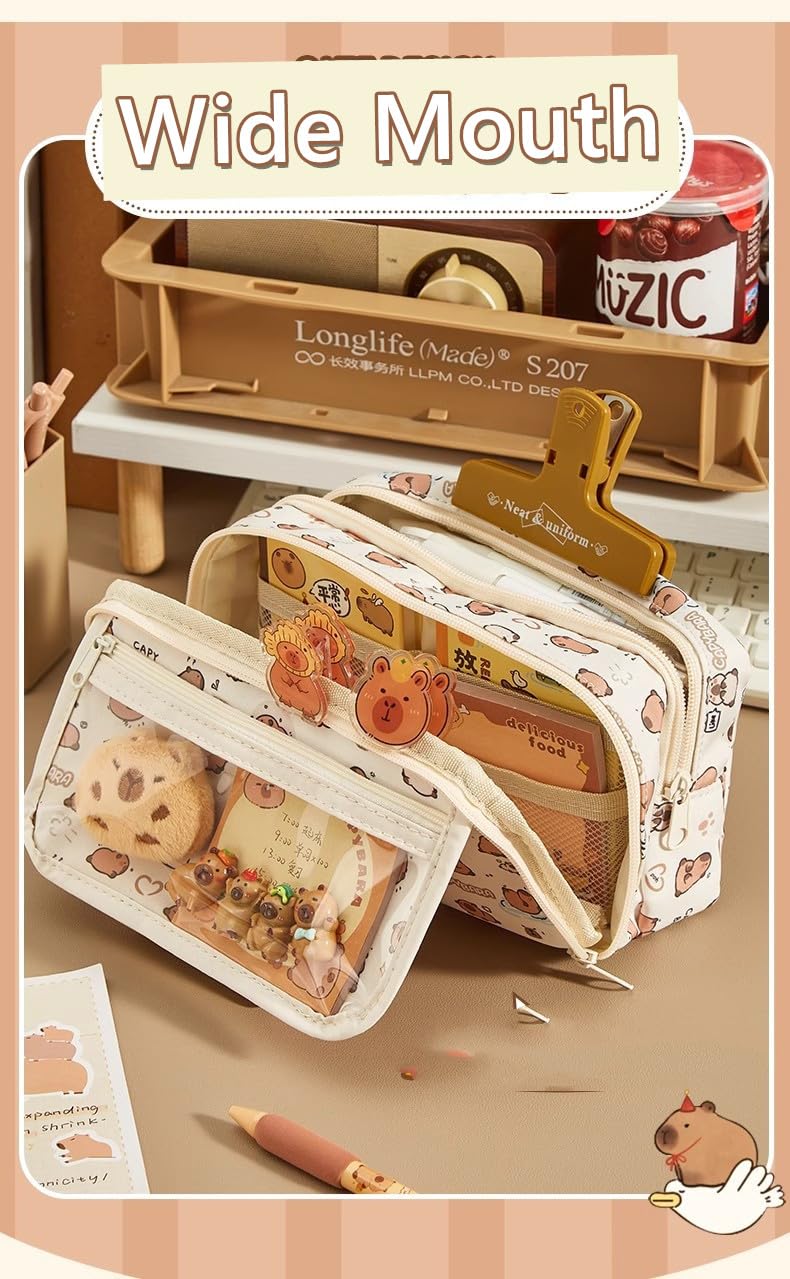 NAPIMICO Flip Top Pencil Case Cute Pencil Pouch with Kawaii Capybara Decors Makeup Bag Aesthetic Pen Holder Office Stationery (Brown)