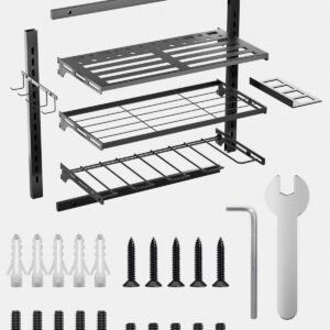 Power Tool Organizer Wall Mount, Tool Storage Rack with 4 Drill Holder, Tool Holder Bears 35lbs, Tool Shelf with Screwdriver, 3-Tier Adjustable Height Tool Rack for Garage Organization and Workshop