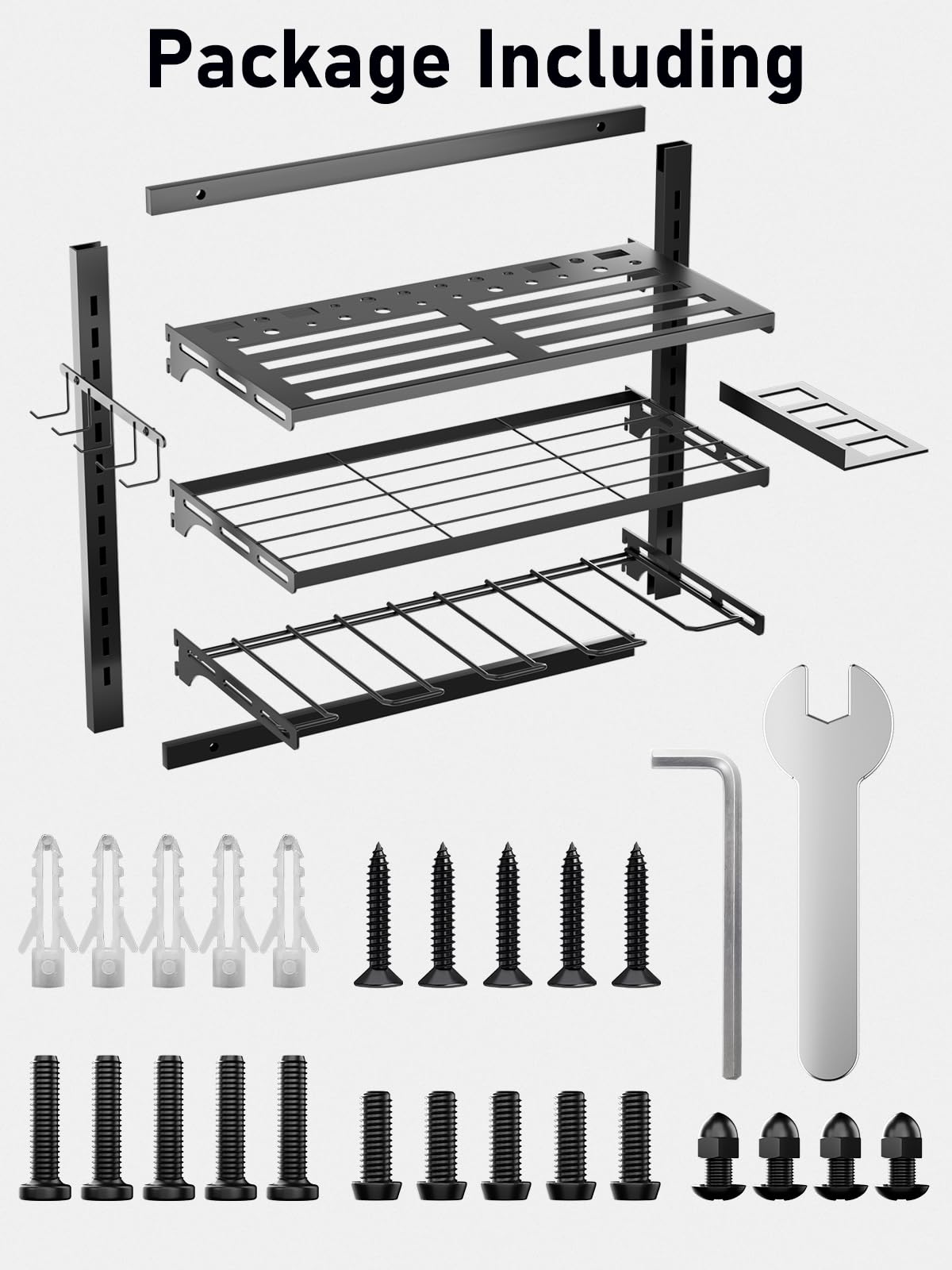 Power Tool Organizer Wall Mount, Tool Storage Rack with 4 Drill Holder, Tool Holder Bears 35lbs, Tool Shelf with Screwdriver, 3-Tier Adjustable Height Tool Rack for Garage Organization and Workshop