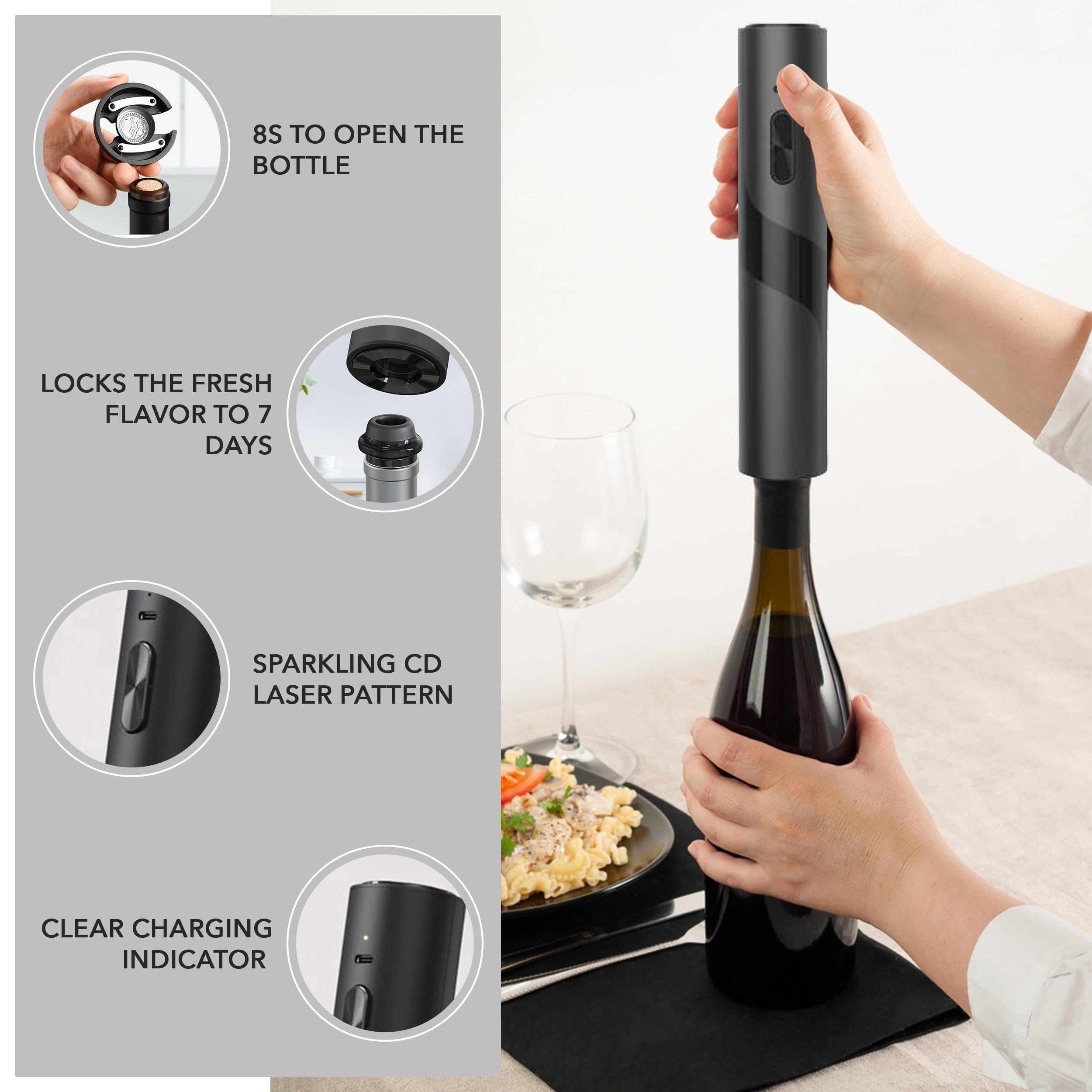 Electric Wine Bottle Opener - Wine Gift Set with Foil Cutter, Wine Aerator Pourer, Wine Decanter, Wine Preservation Stoppers - Corkscrew Bottle Opener - Rechargeable Wine Saver - Wine Tasting Set