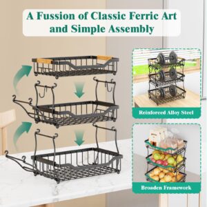 Giwil 3 Tier Countertop Fruit Basket for Kitchen, Vegetable Storage Basket Bread Fruit Bowl Stand with 2 Banana Hooks, Wall Mounted Metal Wire Basket Organizer for Potato Onion, Black