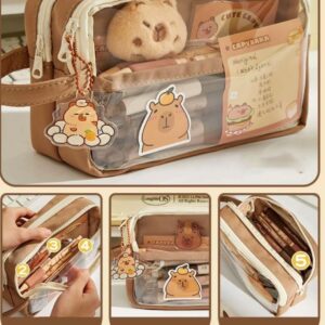 NAPIMICO Clear Pencil Case with Cute Capybara Plush and Pins Aesthetic Pencil Pouch Cute Office Stationary Makeup Bag Cute Stationery (Brown)