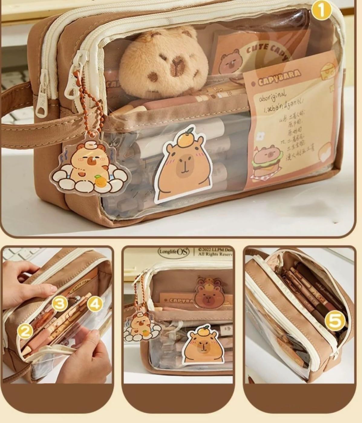 NAPIMICO Clear Pencil Case with Cute Capybara Plush and Pins Aesthetic Pencil Pouch Cute Office Stationary Makeup Bag Cute Stationery (Brown)