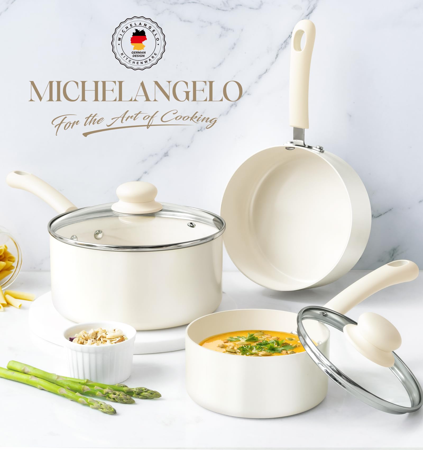 MICHELANGELO Sauce Pan With Lid, 3QT Ceramic Saucepans, Nonstick Saucepan, PFAS-FREE Pot, Small Pots For Cooking, Multipurpose Cooking Pots, White