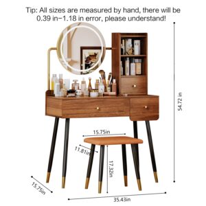 sbdmirau Vanity 35" W, Vanity Desk with Round Mirror and Lights, Brown Vanity Makeup Table with Chair, with Open Compartment and 3 Drawers, 3 Lighting Modes Gift for Girls and Women Brown Vanity