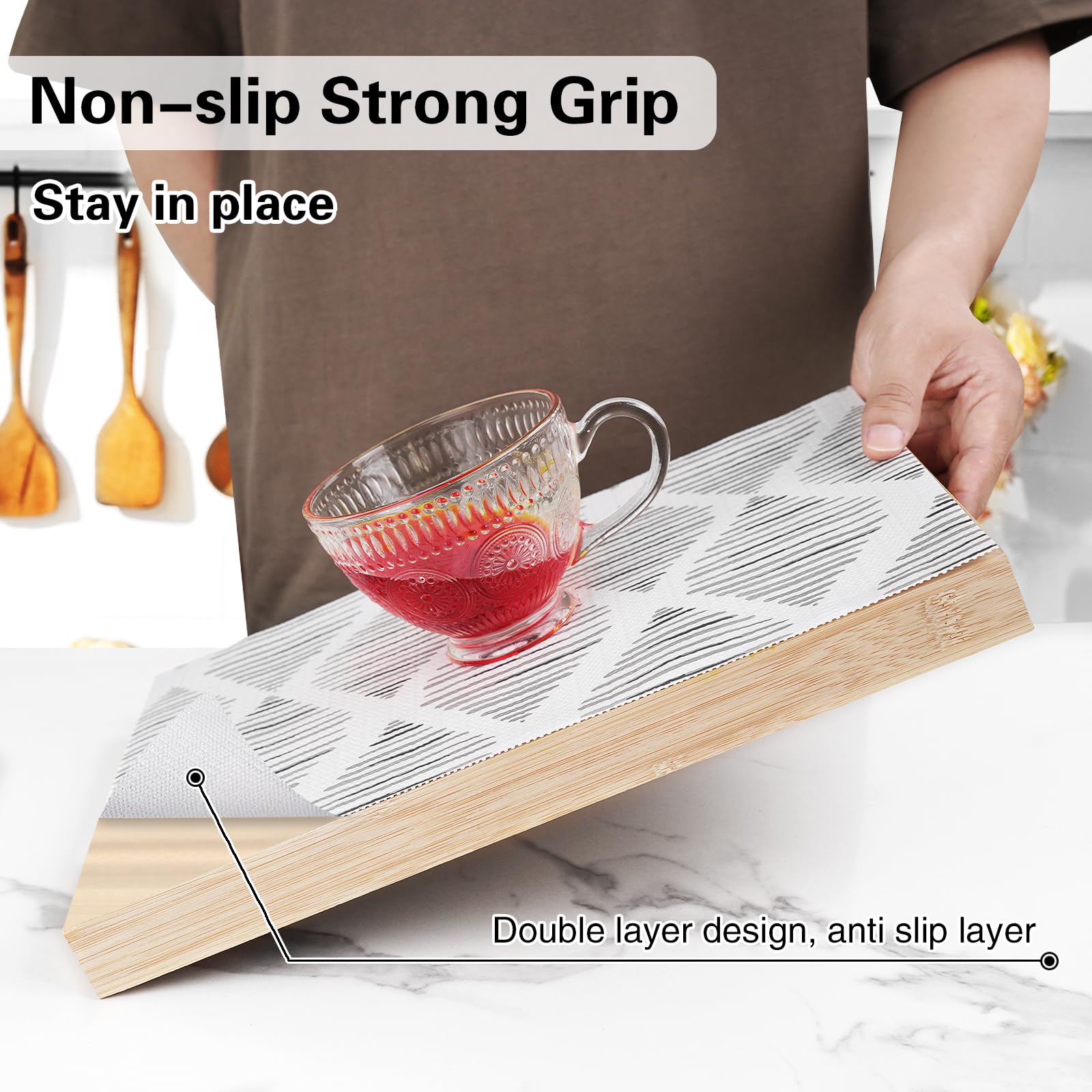 Shelf and Drawer Liners for Kitchen Cabinet,12 in x 20 FT Non-Adhesive Cabinet Liners for Cupboard Non-Slip Waterproof Kitchen Shelf Liners Contact Paper Shelf Paper with Knife and Tape Measure