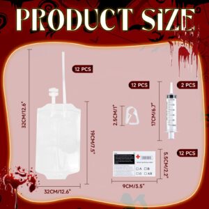 12 Pack Halloween Blood Bag Drink Containers, Reusable IV Blood Bags Pouches for Vampire Cosplay, Nurse, Medical, Horror Party Decorations, Doctor Nursing/RN Graduation, 12 Fl. Oz. Each + 2 Syringes