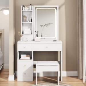 Elevon Small Makeup Vanity Desk with Sliding Mirror LED 3 Lighting Adjustable, Vanity Table Set with 5 Storage Drawer & Chair & Shelves Bedroom Furniture, White