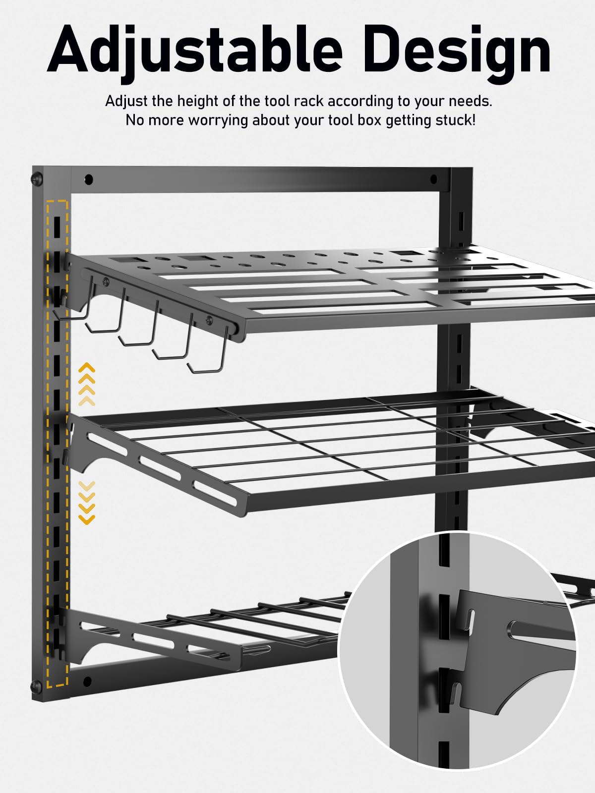 Power Tool Organizer Wall Mount, Tool Storage Rack with 4 Drill Holder, Tool Holder Bears 35lbs, Tool Shelf with Screwdriver, 3-Tier Adjustable Height Tool Rack for Garage Organization and Workshop