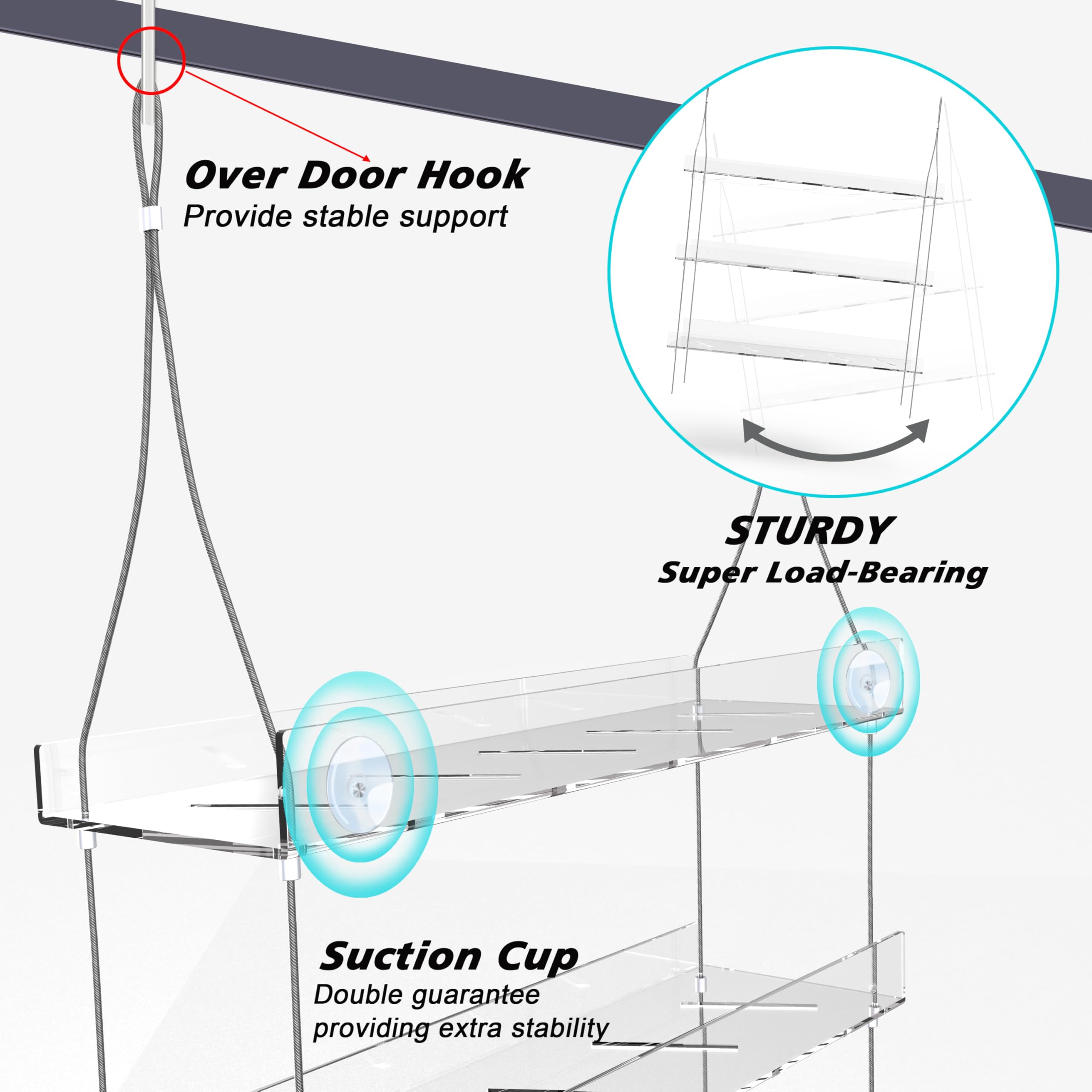 laapee Over the Door Shower Caddy, Hanging Shower Organizer Shelves for Bathroom Door, 3-Tier Acrylic Shower Rack, Rustproof & Waterproof Storage Shelf with 5 Hooks