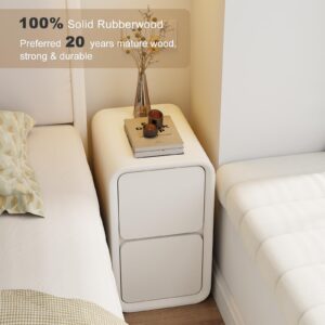 KASLANDI Solid Wood Nightstand - White Bedside Table with Leather Surface, Small Nightstand with Drawers for Bedroom