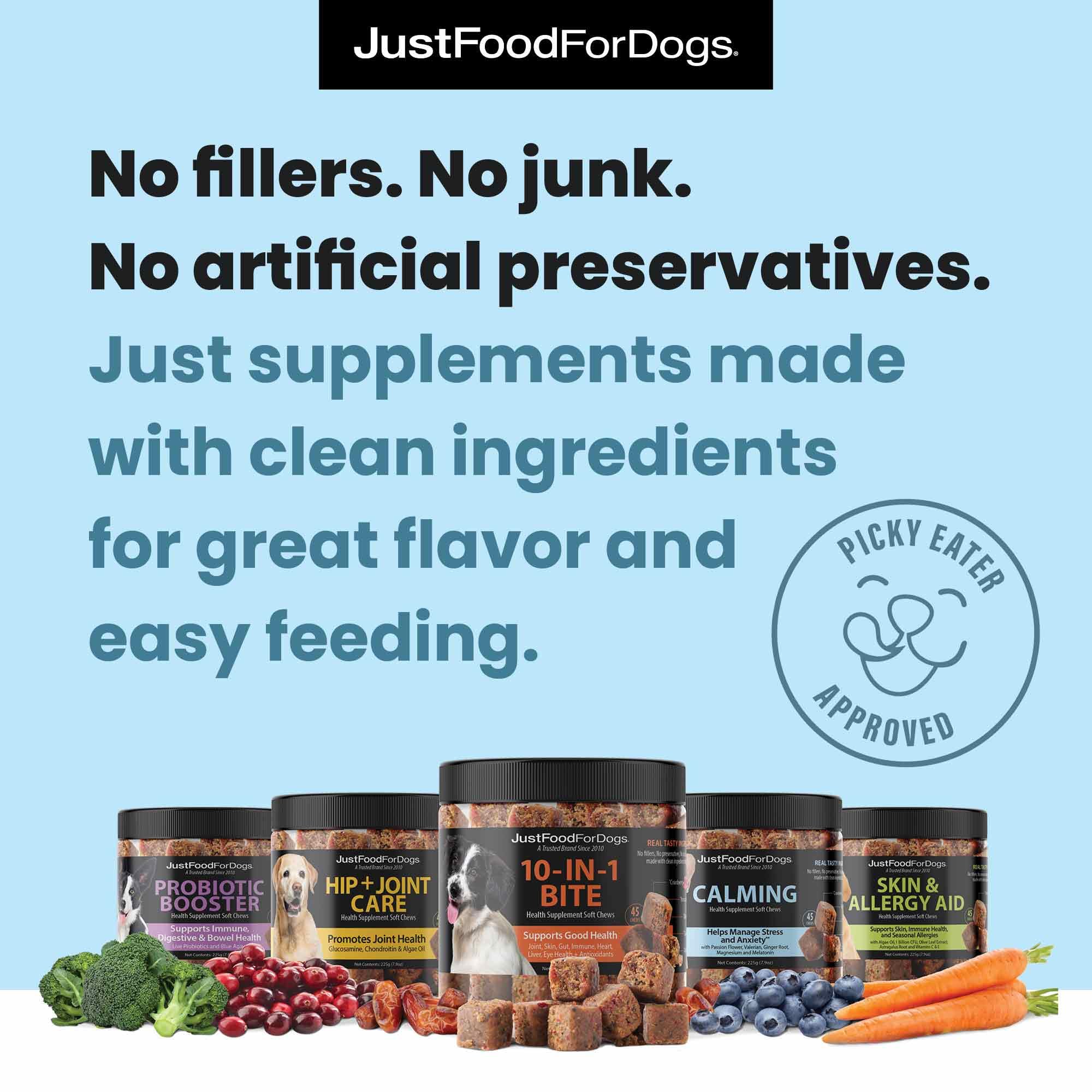 JustFoodForDogs Calming Supplement for Dogs Soft Chew to Support Stress and Anxiety, Melatonin, Relaxation Aid, Human-Grade Ingredients - 45 Count