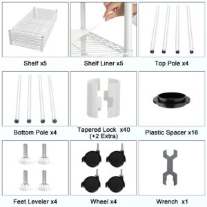Dolonm 5 Tier Wire Shelving Unit, 750 LBS NSF Storage Shelf, 14"D x 30"W x 60"H, Kitchen Shelf with Liners, Garage Storage Shelves with Wheels, Heavy Duty Metal Pantry Racks, Adjustable Shelf, White