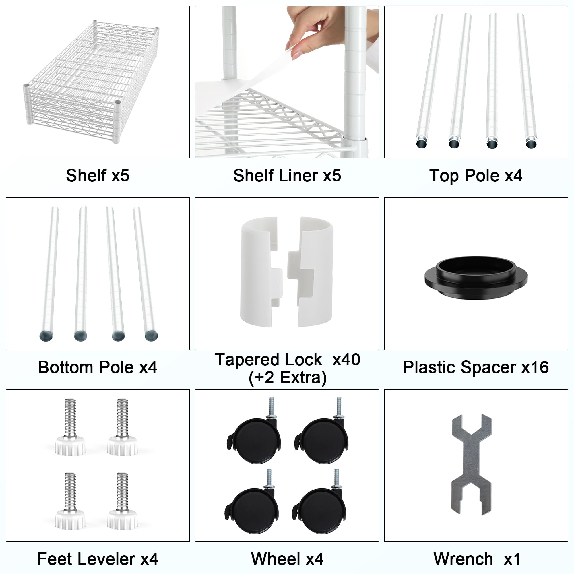 Dolonm 5 Tier Wire Shelving Unit, 750 LBS NSF Storage Shelf, 14"D x 30"W x 60"H, Kitchen Shelf with Liners, Garage Storage Shelves with Wheels, Heavy Duty Metal Pantry Racks, Adjustable Shelf, White