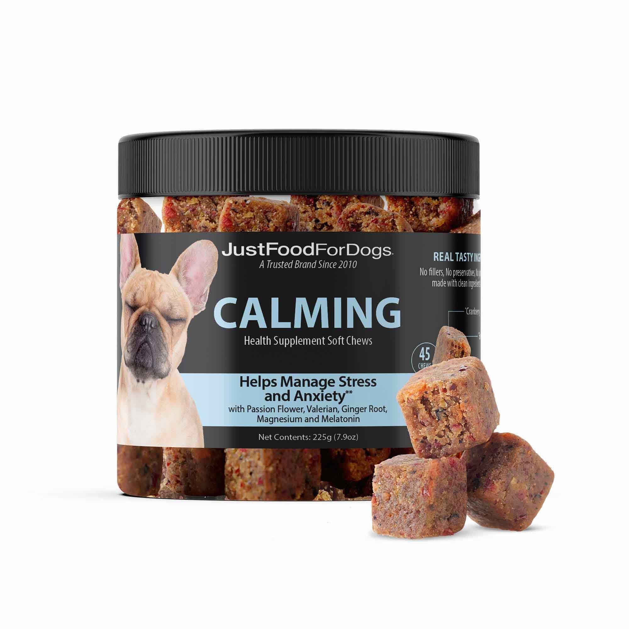 JustFoodForDogs Calming Supplement for Dogs Soft Chew to Support Stress and Anxiety, Melatonin, Relaxation Aid, Human-Grade Ingredients - 45 Count