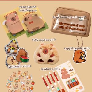 NAPIMICO Cute Capybara Pencil Case with 12 Compartments 90° Wide Opening Mouth Pencil Pouch with Kawaii Pins Plush Cute Stationery (Brown)