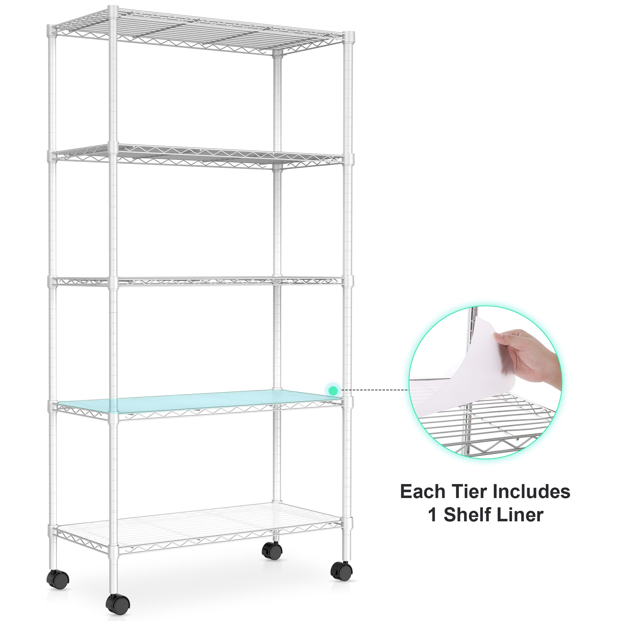 Dolonm 5 Tier Wire Shelving Unit, 750 LBS NSF Storage Shelf, 14"D x 30"W x 60"H, Kitchen Shelf with Liners, Garage Storage Shelves with Wheels, Heavy Duty Metal Pantry Racks, Adjustable Shelf, White