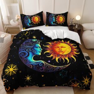 AILONEN Sun and Moon Duvet Cover Set Queen Size, Space Galaxy Boho Exotic Mandala Sun and Moon Comforter Cover Set 3 Pieces,1 Duvet Cover with 2 Pillowcases