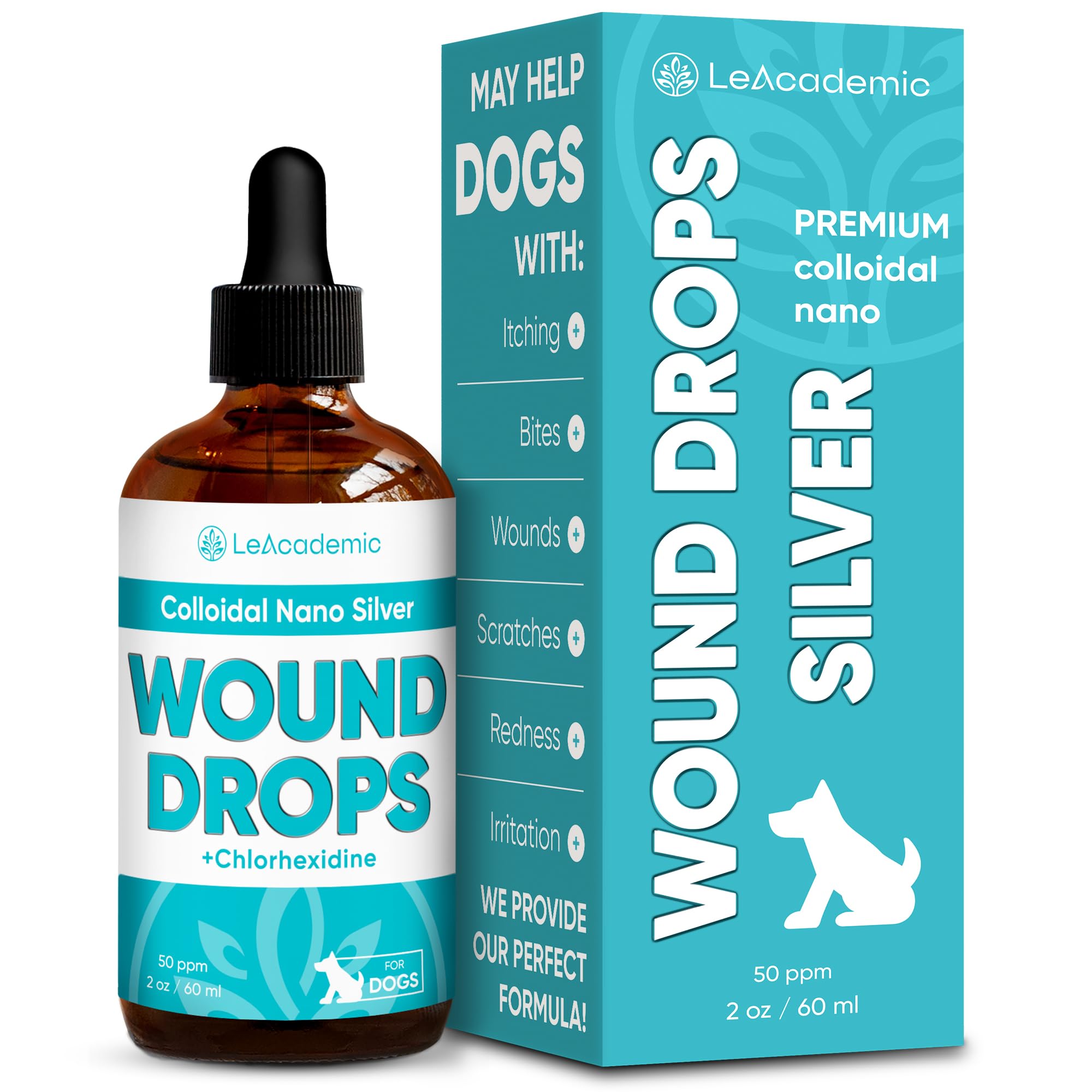 LeAcademic Dog Wound Drops | Drops for Dog Wound Care | Dog Wound Heal | Dog Wound Wash | Dog Wound Cleaner + Chlorhexidine | Wound Wash for Dogs | Colloidal Silver for Dogs | 2 Oz