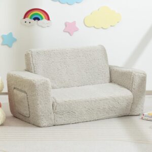 ALIMORDEN Fold Out Toddler Couch, Extra Wide Comfy 2-in-1 Cuddly Sherpa Sofa for Kids, with Removable Baby Friendly Blanket, Convertible Sofa to Bed, Light Grey